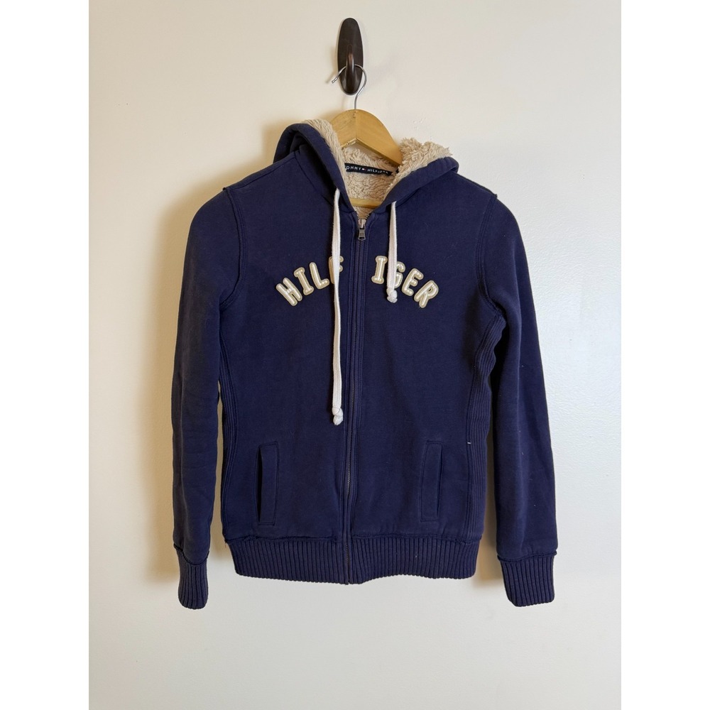 Tommy Hilfiger Navy Blue Sherpa Lined Full Zip Womens XS Blue Casual Long Sleeve